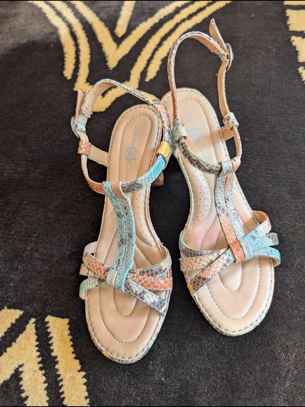 Born Turquoise Orange Snakeskin T-Strap Block Heel Sandals - Picture 3 of 6